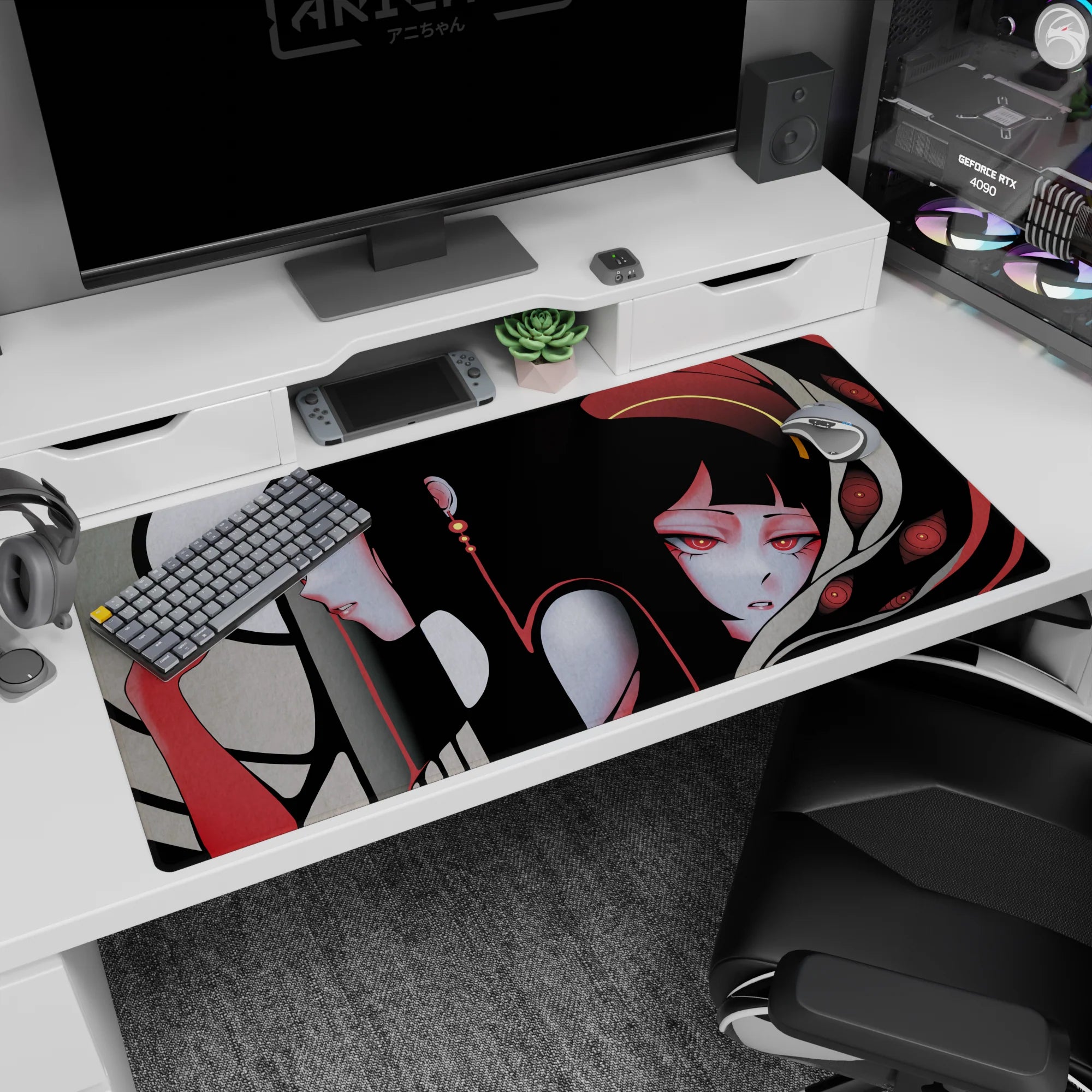 40x20 inches anime desk pad showing two pale girls drifting together, hypnotic red and violet eyes, earrings.