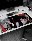 40x20 inches anime desk pad showing two pale girls drifting together, hypnotic red and violet eyes, earrings.