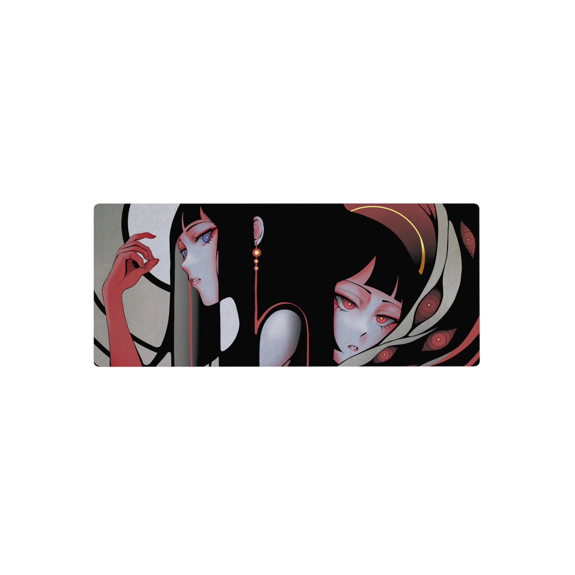 Anime girl mouse pad 28x12 inches featuring two sleek girls with black hair, violet and red eyes, and earrings.