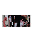 Anime girl mouse pad 28x12 inches featuring two sleek girls with black hair, violet and red eyes, and earrings.