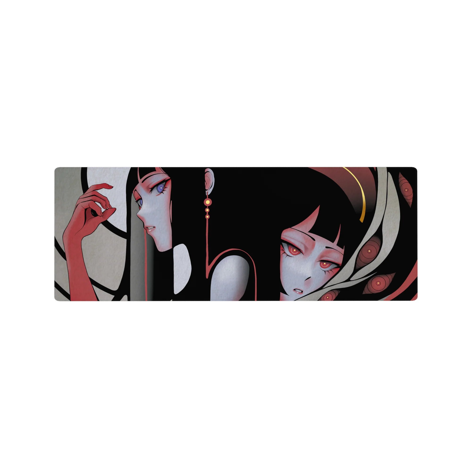 32x12 inches anime girl mouse pad with two sleek girls, ink-black hair, red and violet eyes, earrings.