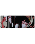 32x12 inches anime girl mouse pad with two sleek girls, ink-black hair, red and violet eyes, earrings.
