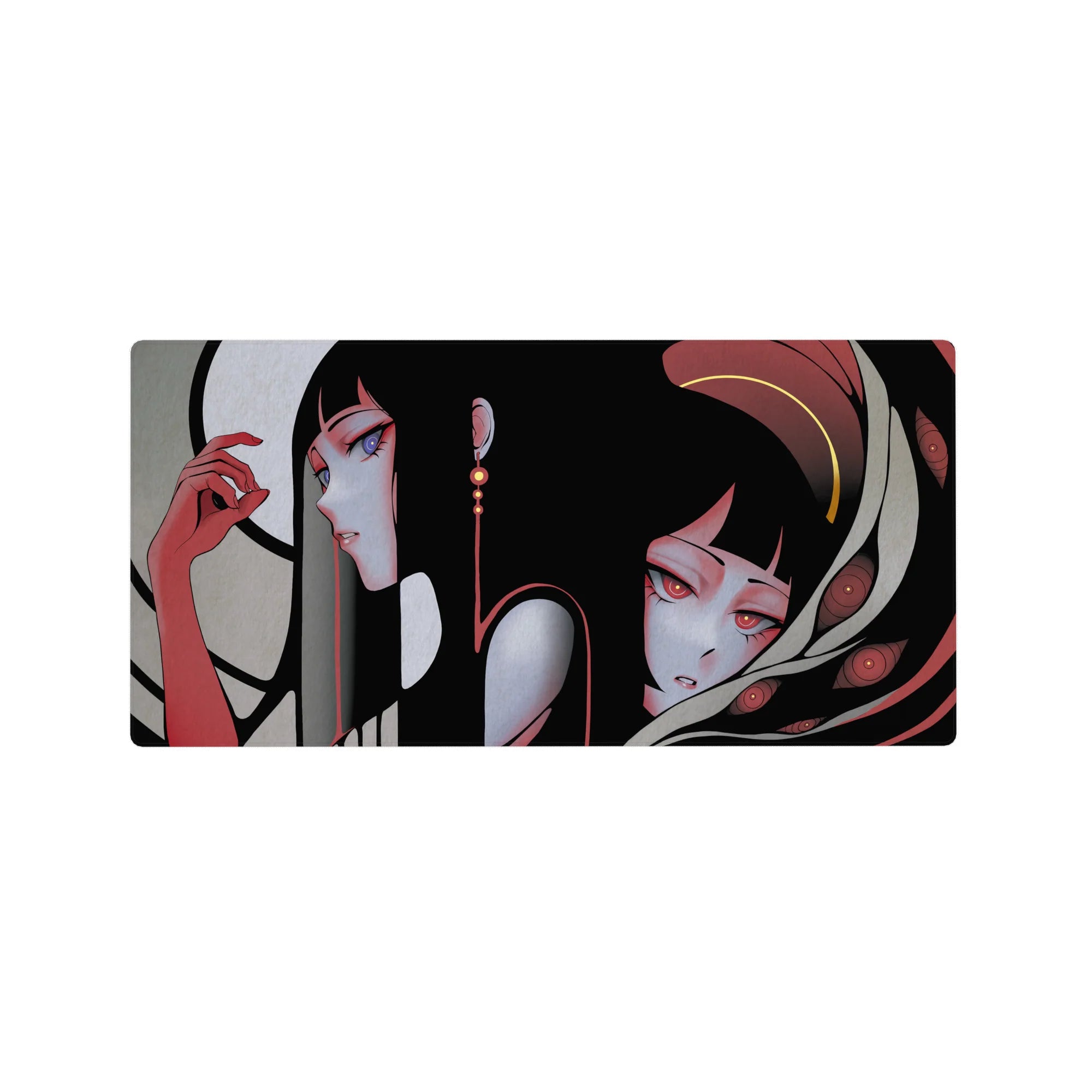 Anime girl mouse pad 32x16 inches with two sleek girls, bold contrast, ribbons and dangling earrings.