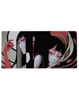 Anime girl mouse pad 32x16 inches with two sleek girls, bold contrast, ribbons and dangling earrings.