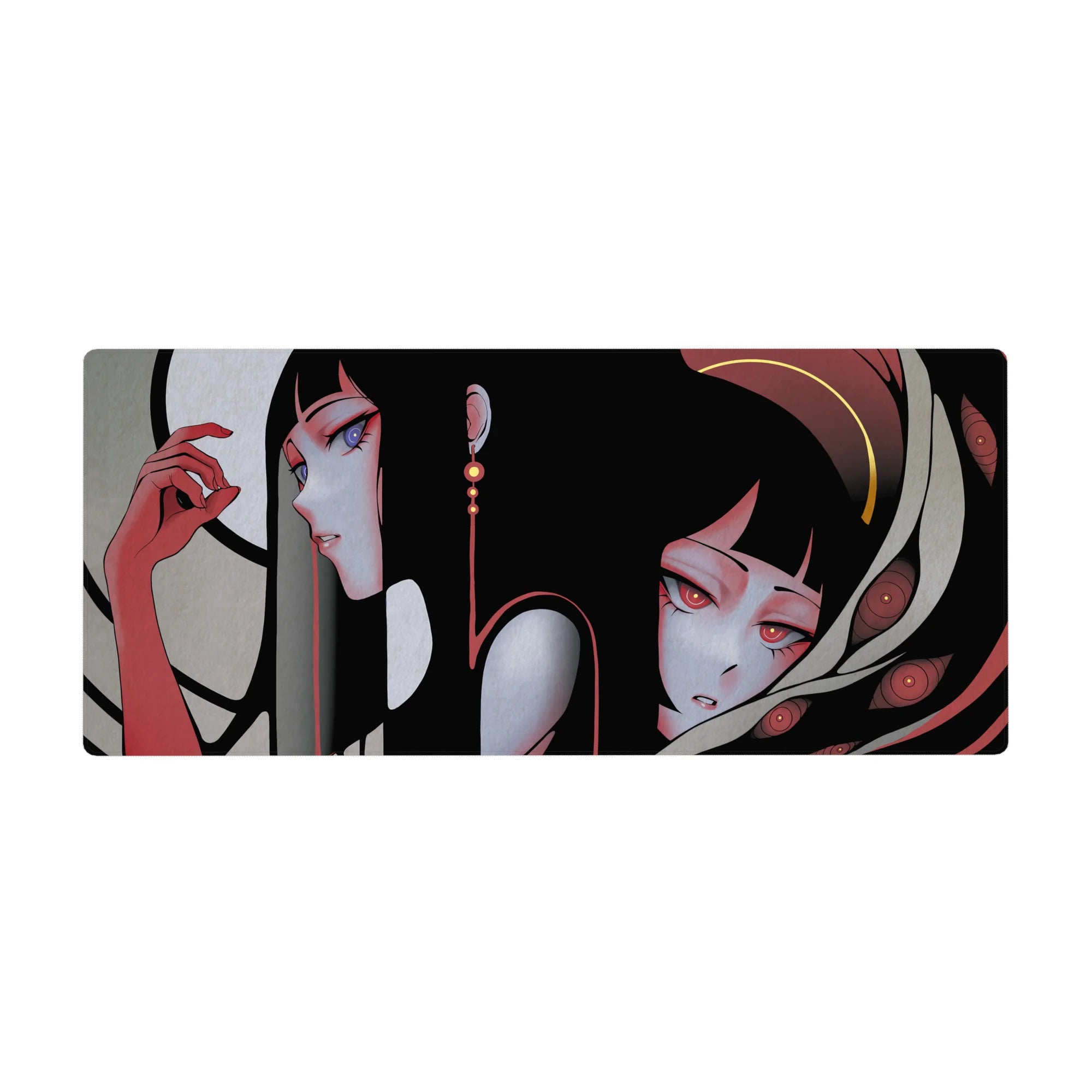 36x16 inches anime girl desk pad with two sleek dark-aesthetic girls, ribbons, and dangling earrings.