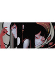 36x16 inches anime girl desk pad with two sleek dark-aesthetic girls, ribbons, and dangling earrings.