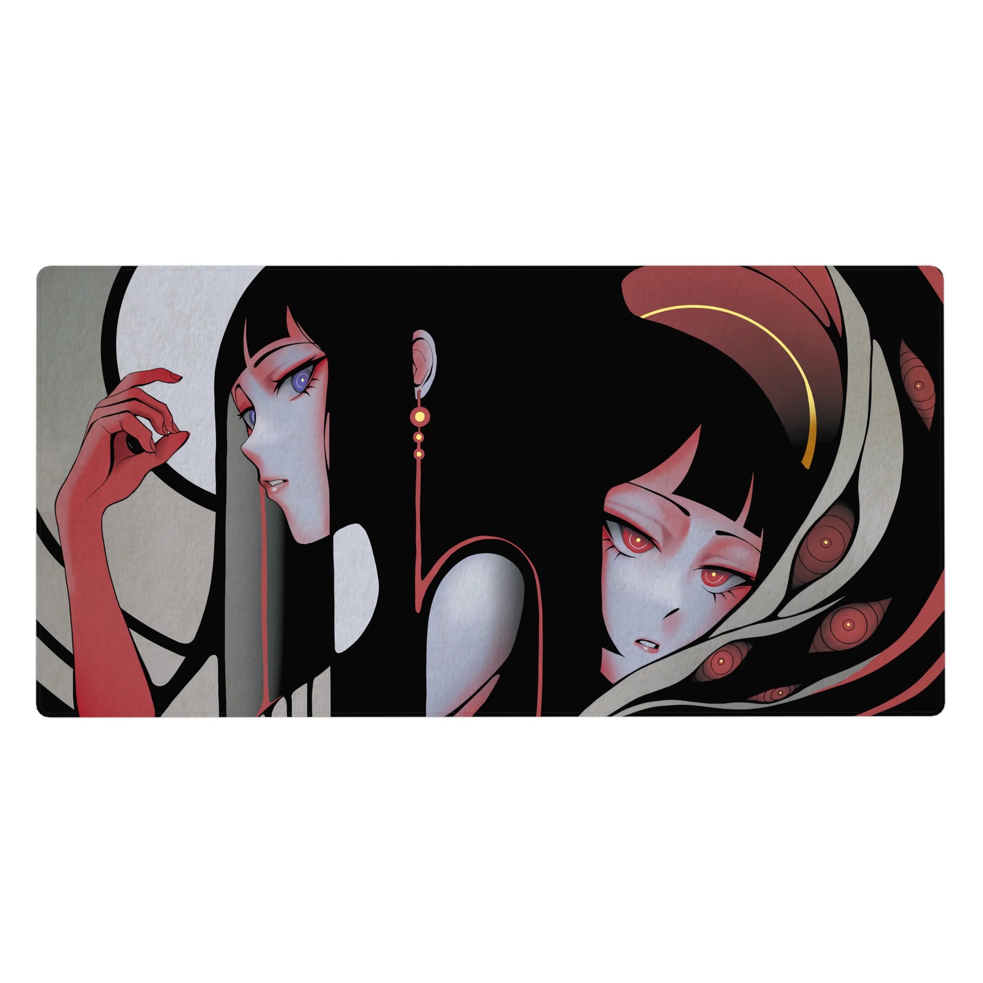 40x20 inches anime girl desk pad with two sleek girls, black hair, violet and red eyes, beige ribbons.