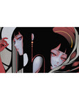 40x20 inches anime girl desk pad with two sleek girls, black hair, violet and red eyes, beige ribbons.