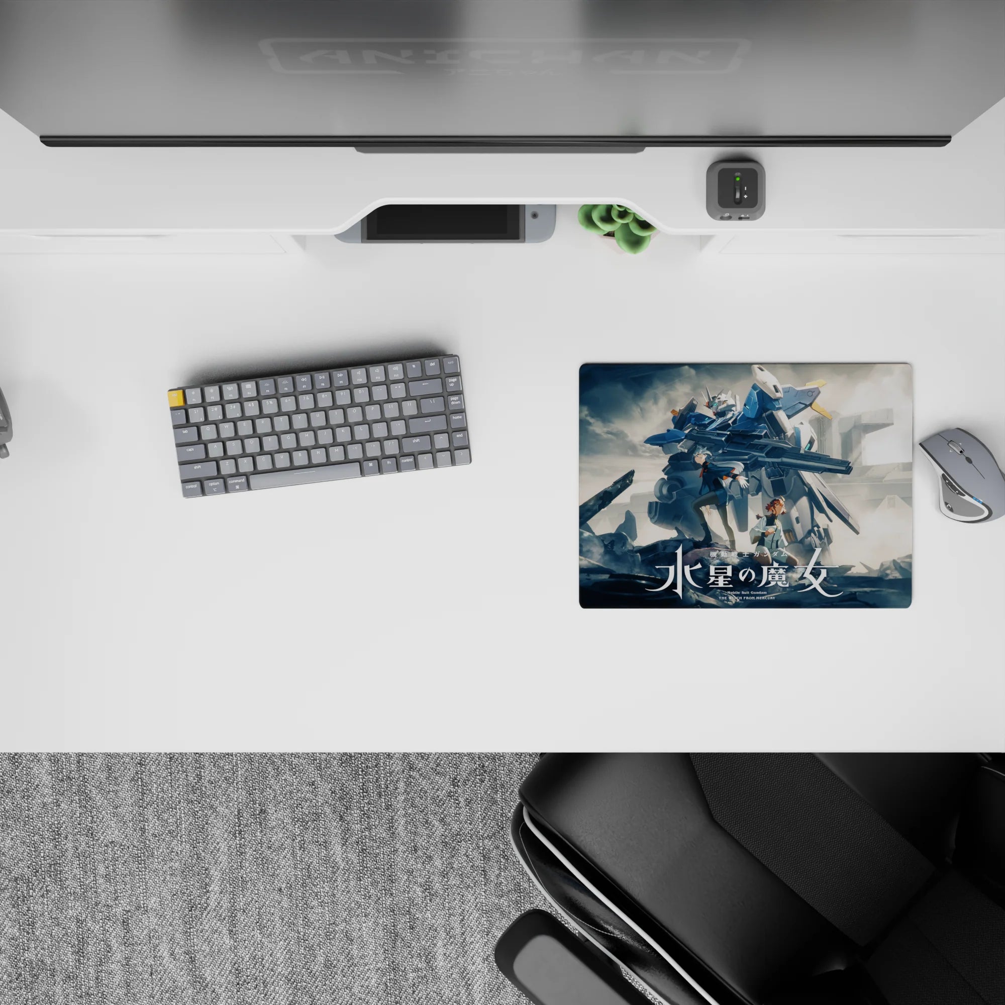 14x10 inches anime mouse pad in cool blues and steel grays, smoky clouds, crisp white armor accents.