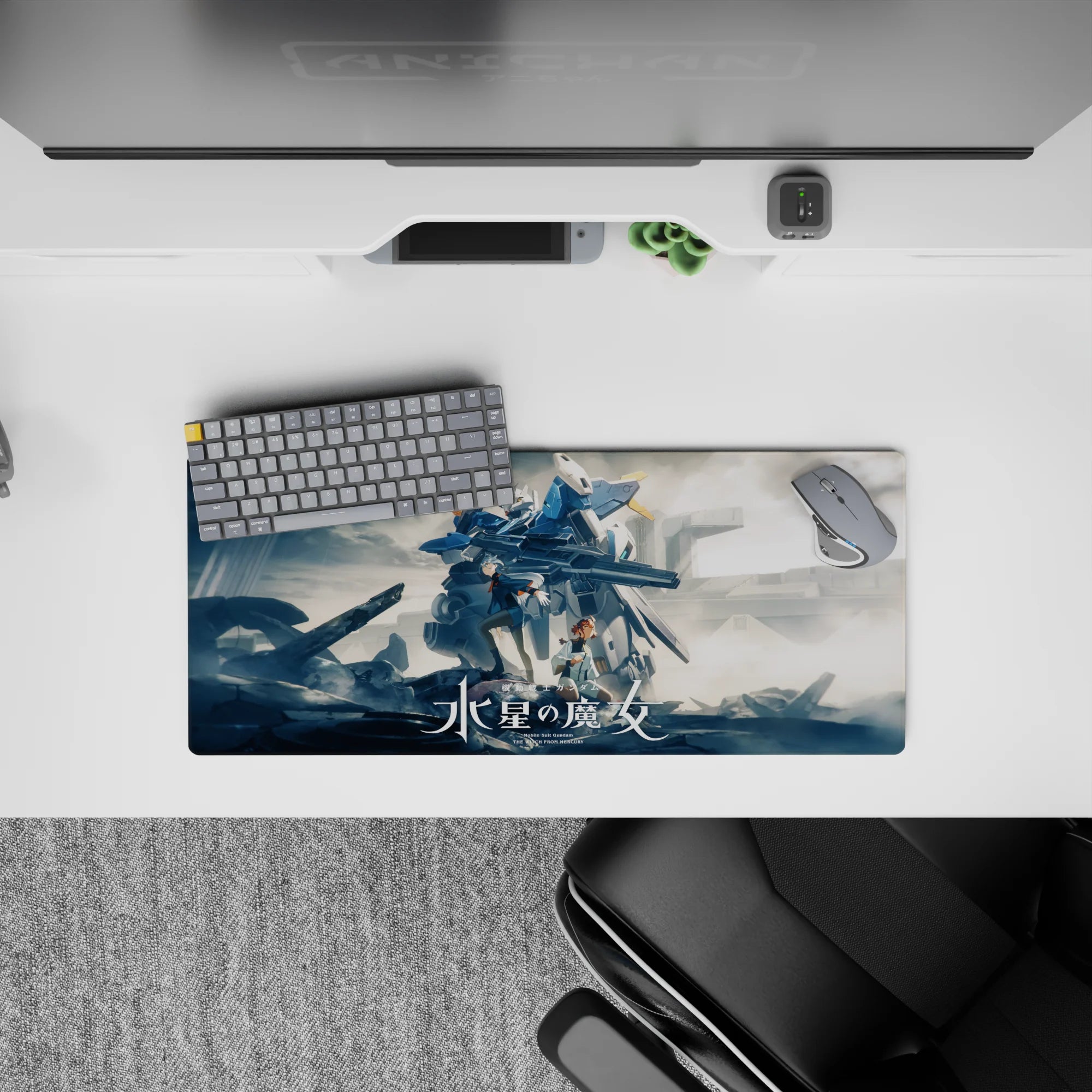 28x12 inches anime mouse pad in cool blues and steel grays with crisp white armor lines, dramatic cozy vibe.