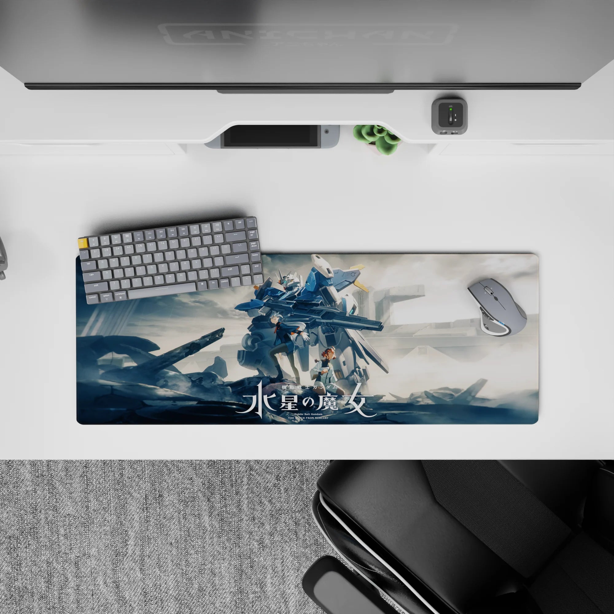 32x12 inches anime mouse pad in cool blues and steel grays with smoky clouds and crisp white armor lines.