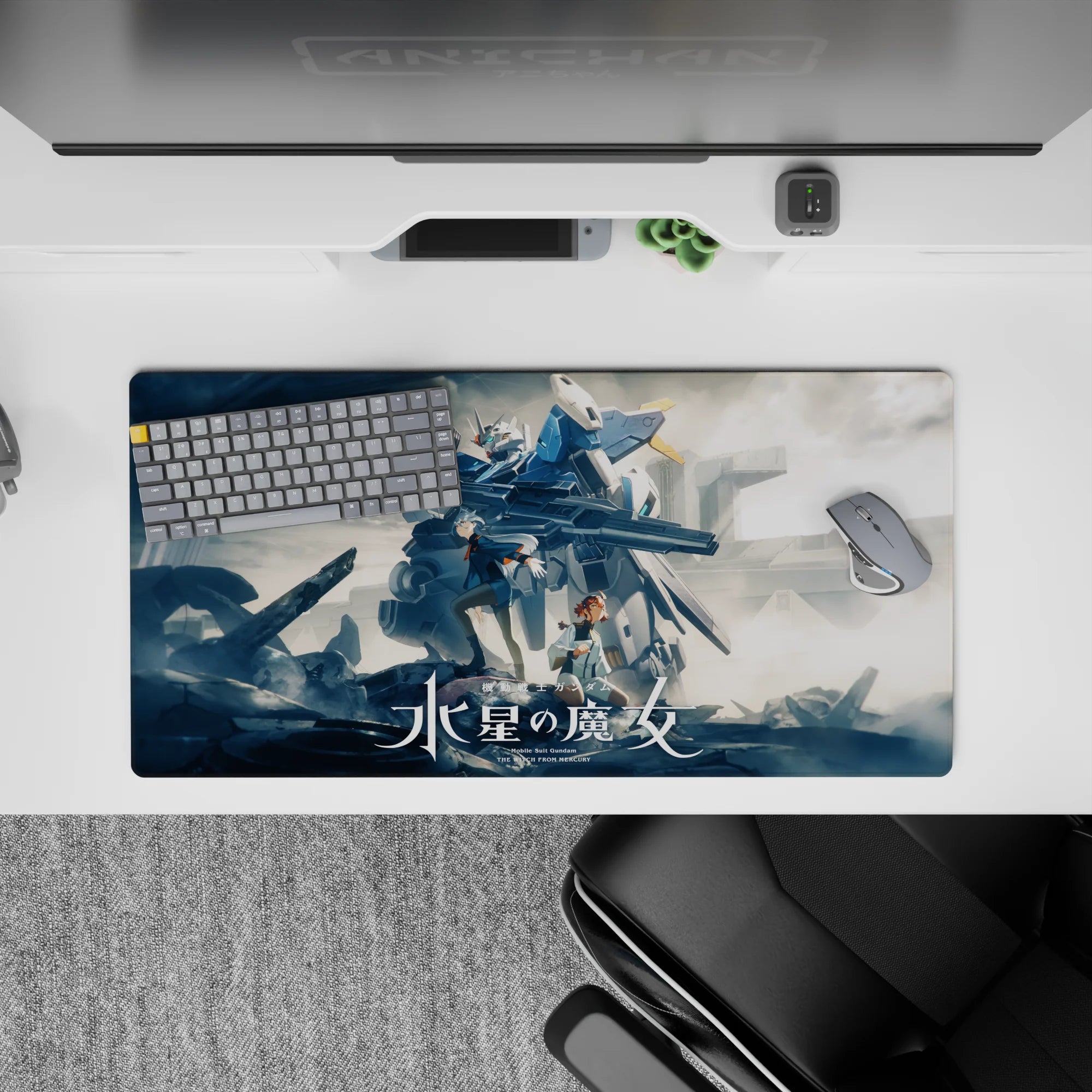 32x16 inches anime mouse pad in cool blues and steel grays, crisp white armor lines, cozy dramatic vibe.