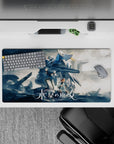 32x16 inches anime mouse pad in cool blues and steel grays, crisp white armor lines, cozy dramatic vibe.
