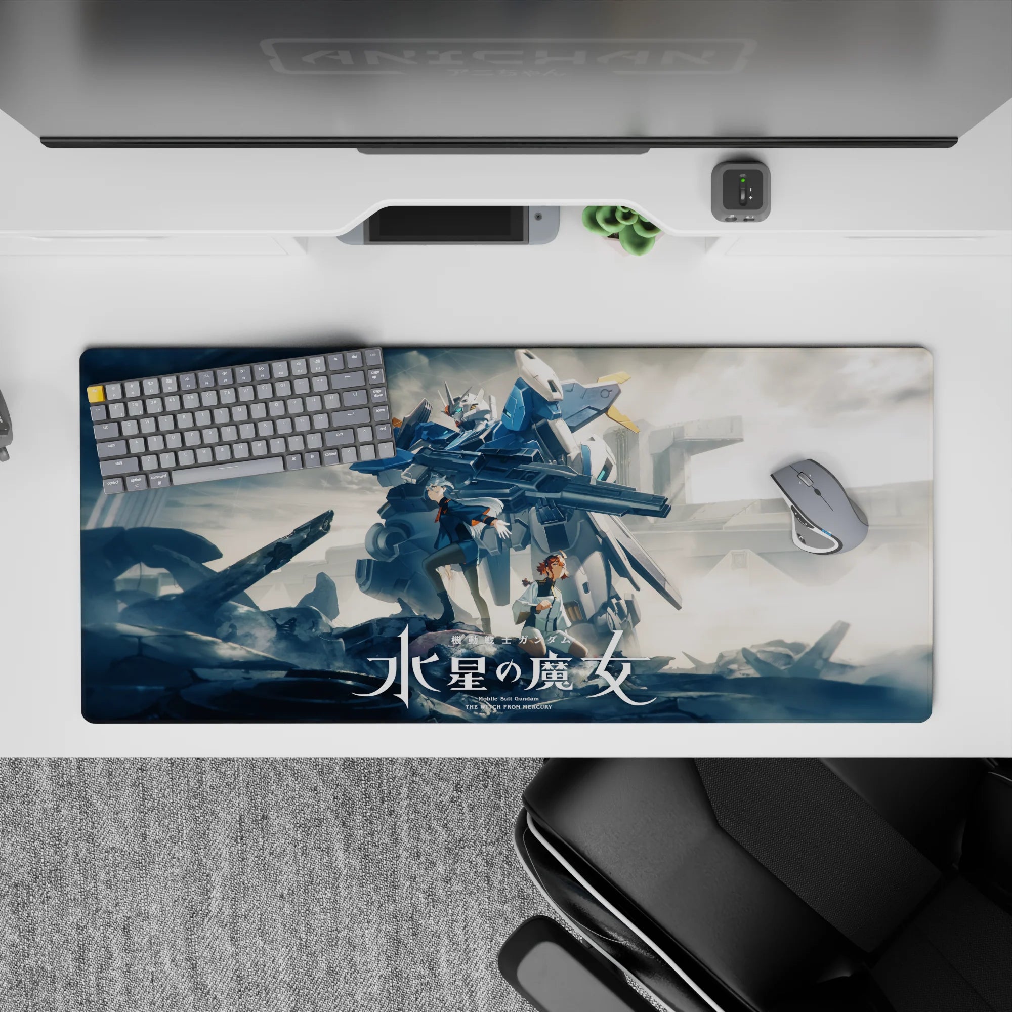 Blue steel-gray 36x16 inches anime desk pad with smoky clouds and crisp white armor lines.