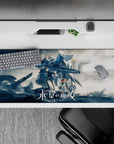 Blue steel-gray 36x16 inches anime desk pad with smoky clouds and crisp white armor lines.