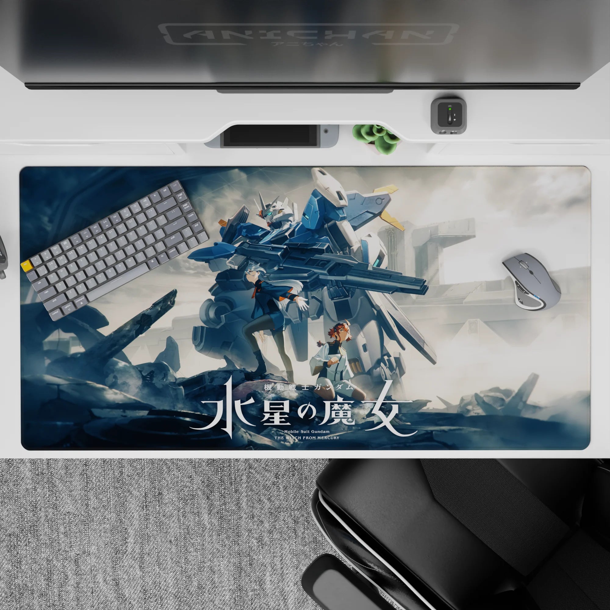 40x20 inches anime desk pad in cool blues and steel grays, smoky clouds backdrop, dramatic cozy vibe.