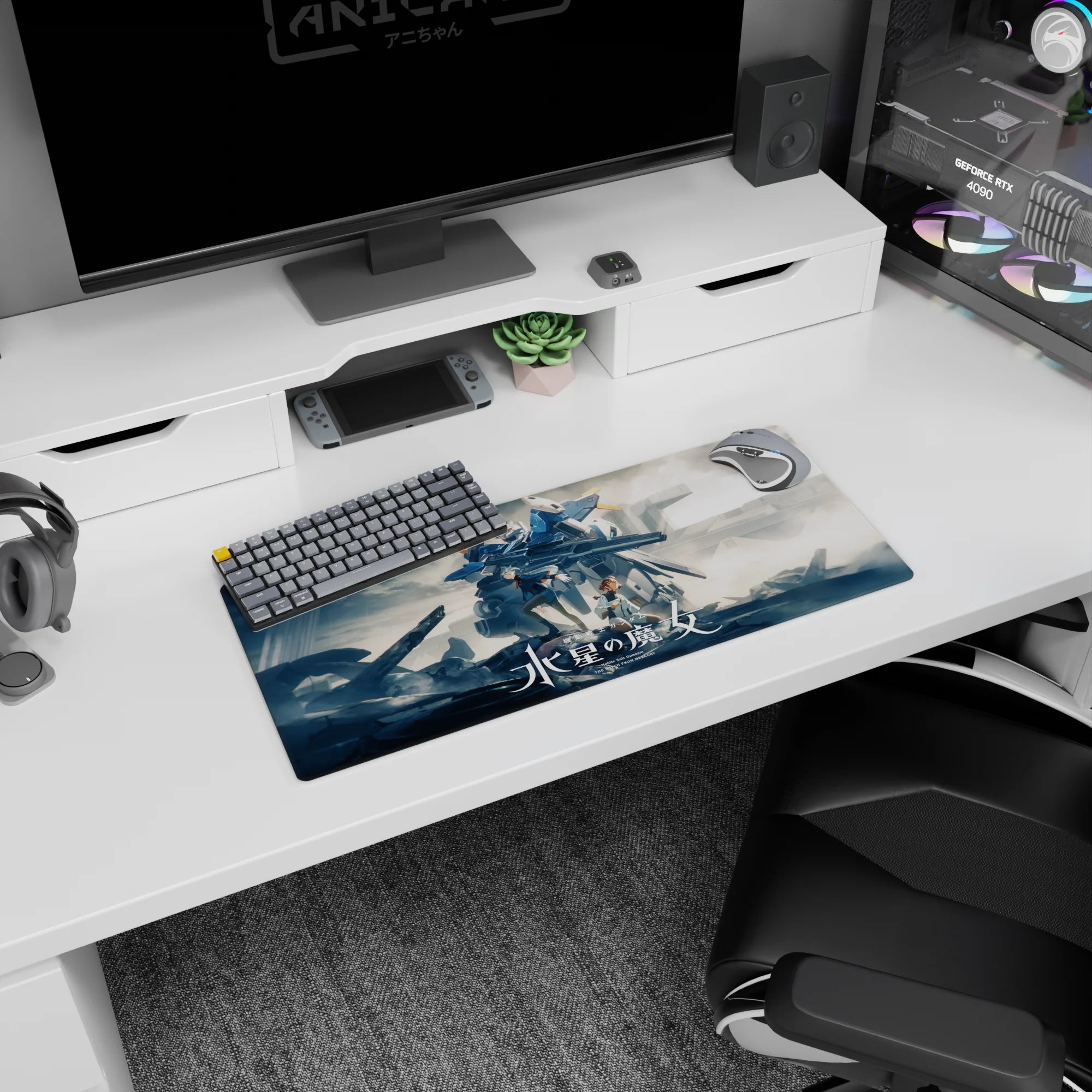 28x12 inches anime mouse pad with Suletta Mercury and Miorine beneath Gundam Aerial in smoky battlefield clouds.