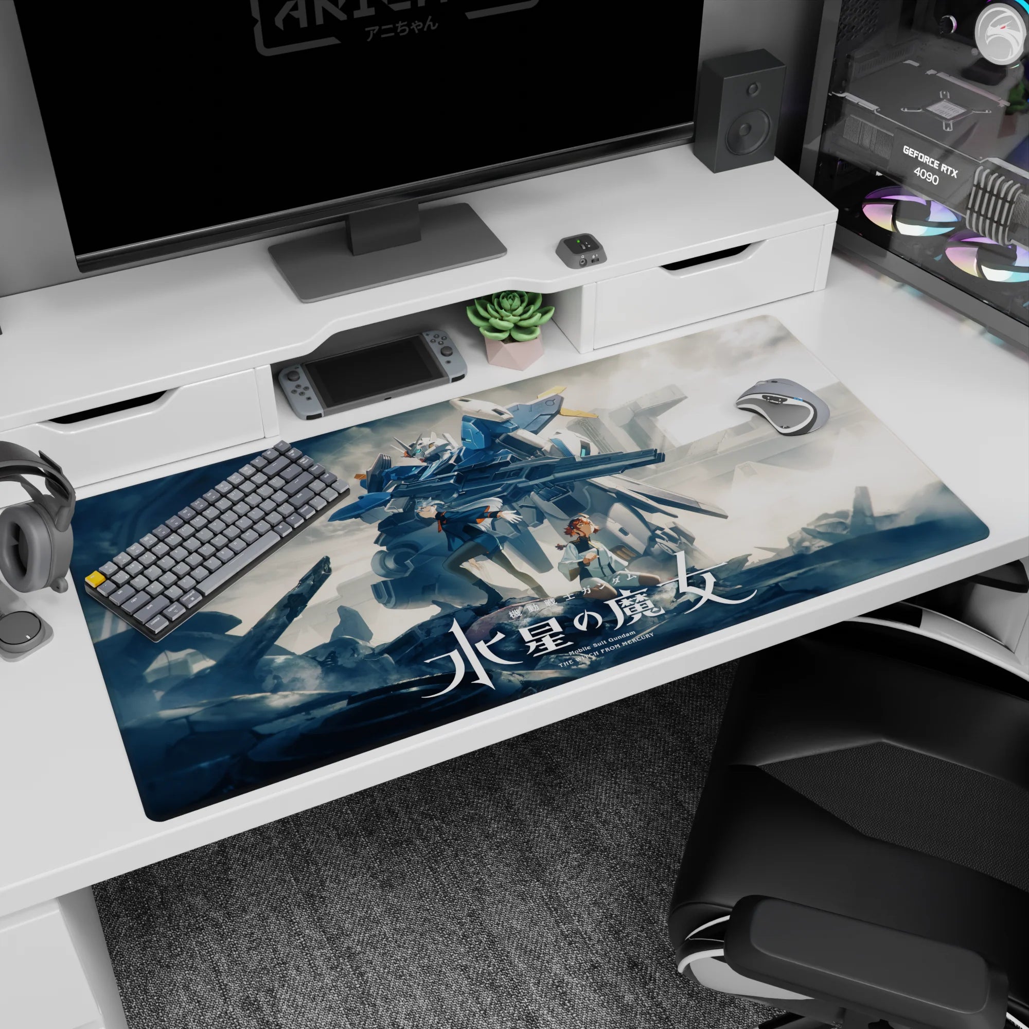 40x20 inches desk pad showing Suletta Mercury and Miorine Rembran beneath Gundam Aerial, secret promise scene.