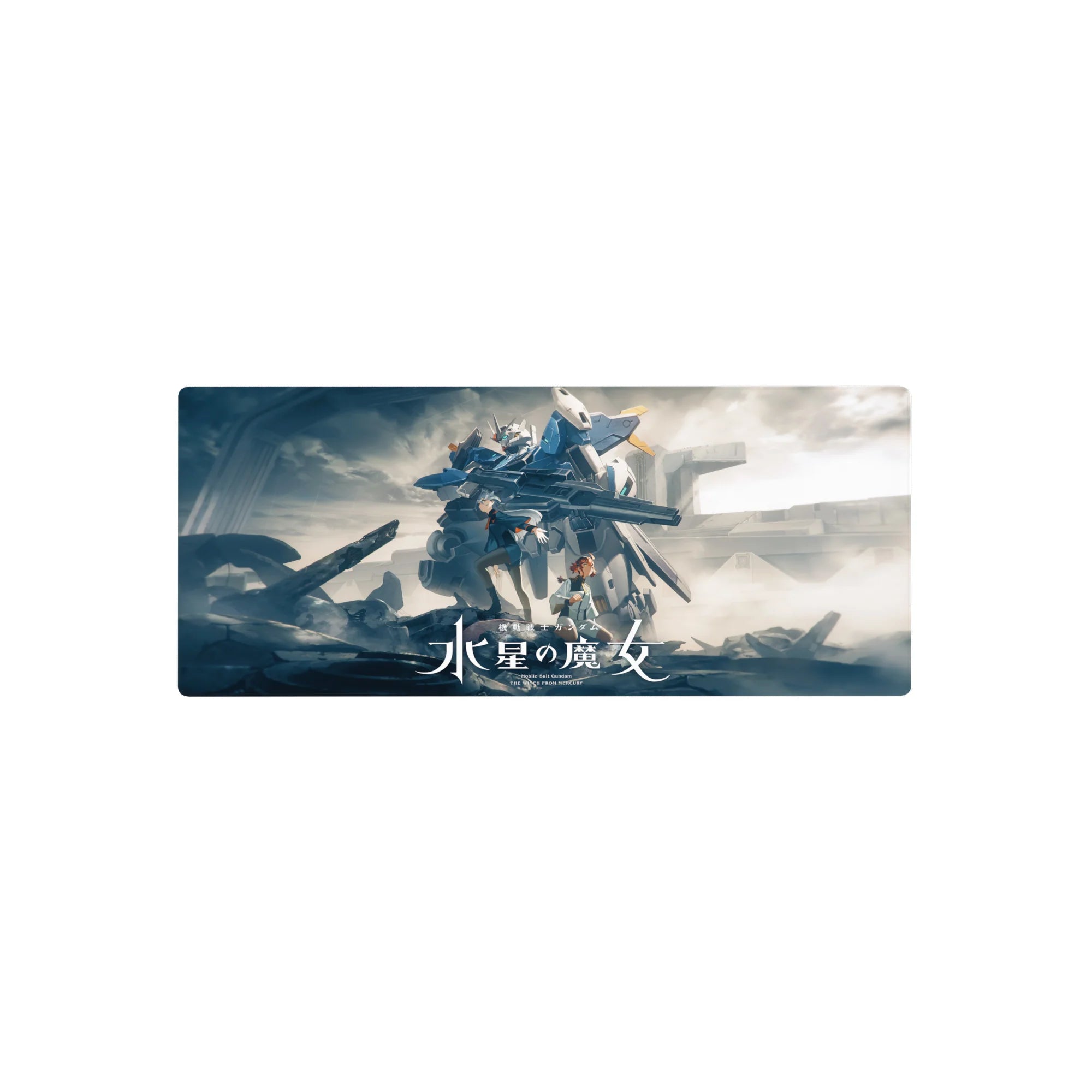 28x12 inches anime mouse pad featuring Gundam Aerial towering over Suletta and Miorine desk mat design.