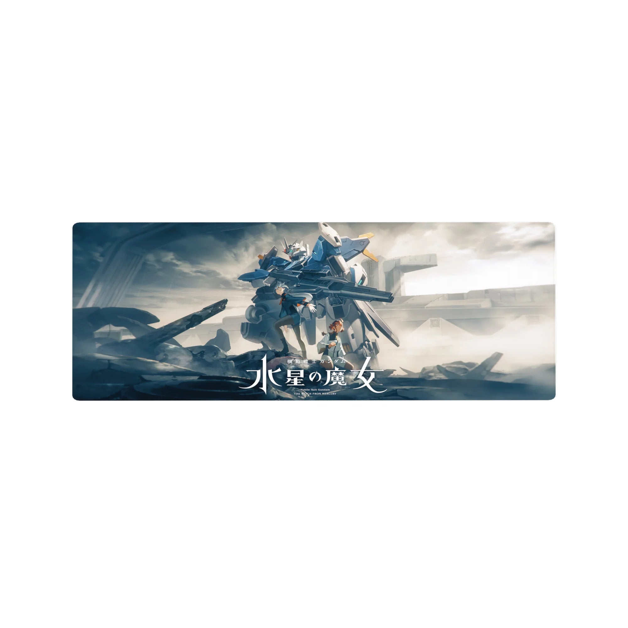 32x12 inches anime mouse pad with Gundam Aerial towering over Suletta and Miorine in a dramatic scene.