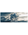 32x12 inches anime mouse pad with Gundam Aerial towering over Suletta and Miorine in a dramatic scene.