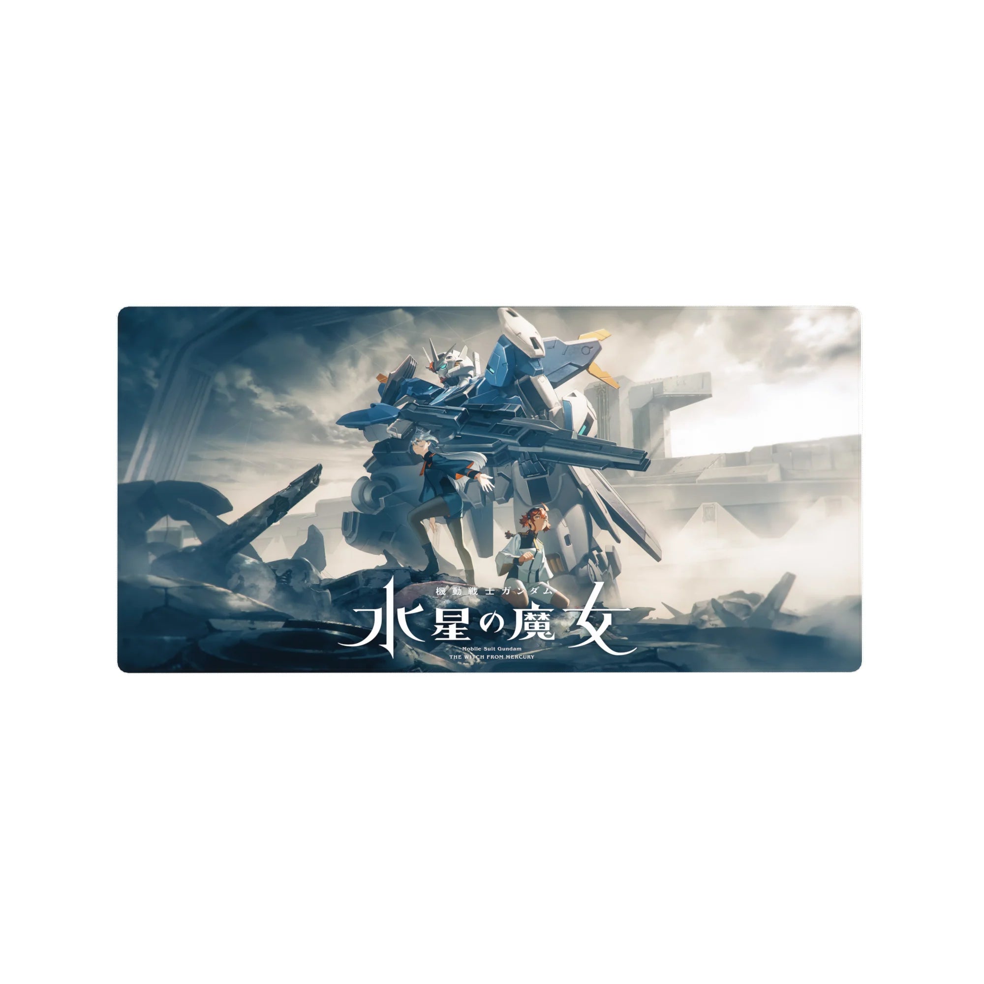 32x16 inches anime mouse pad with Gundam Aerial towering over Suletta and Miorine in smoky clouds.