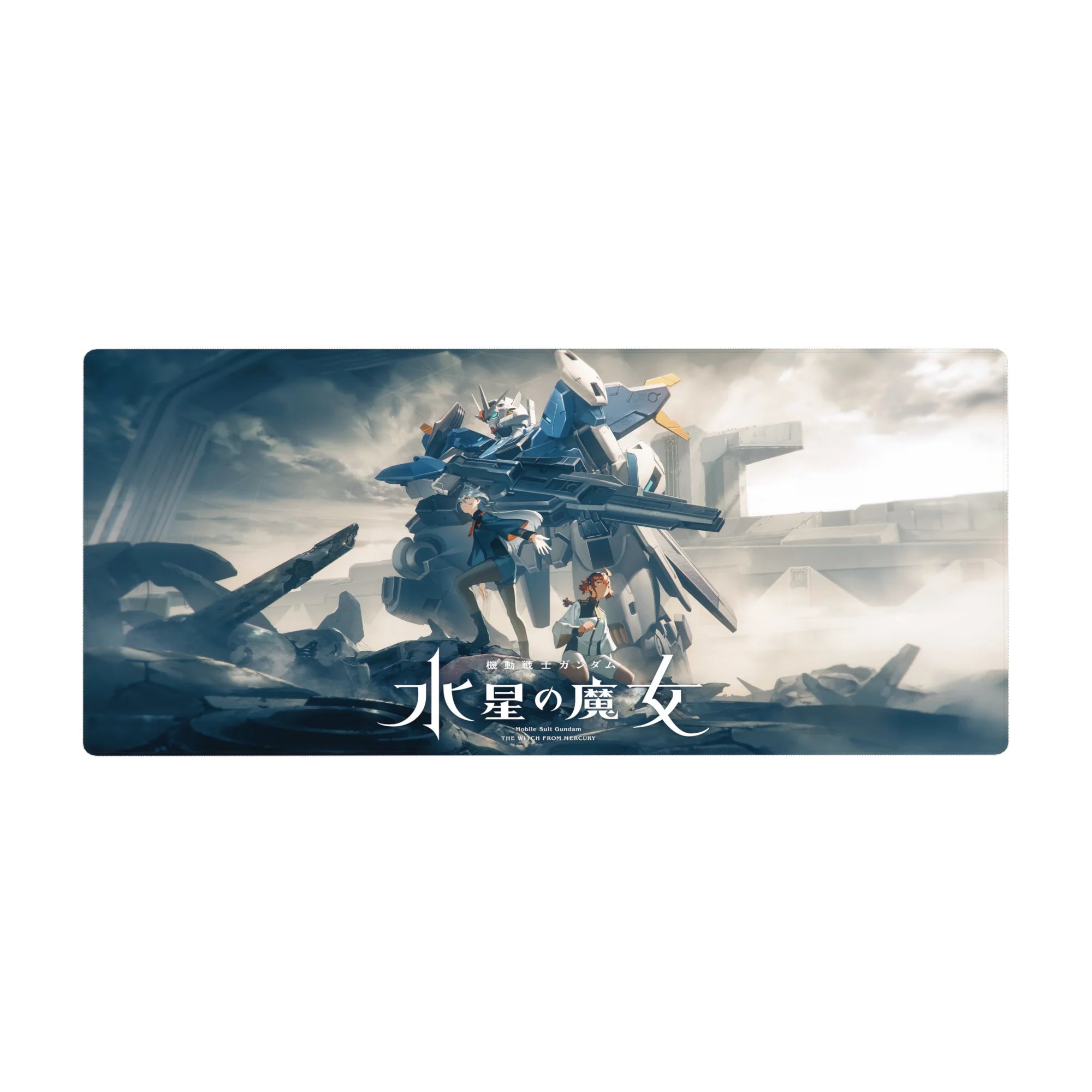Gundam Aerial anime desk pad 36x16 inches with Suletta and Miorine beneath towering mecha.