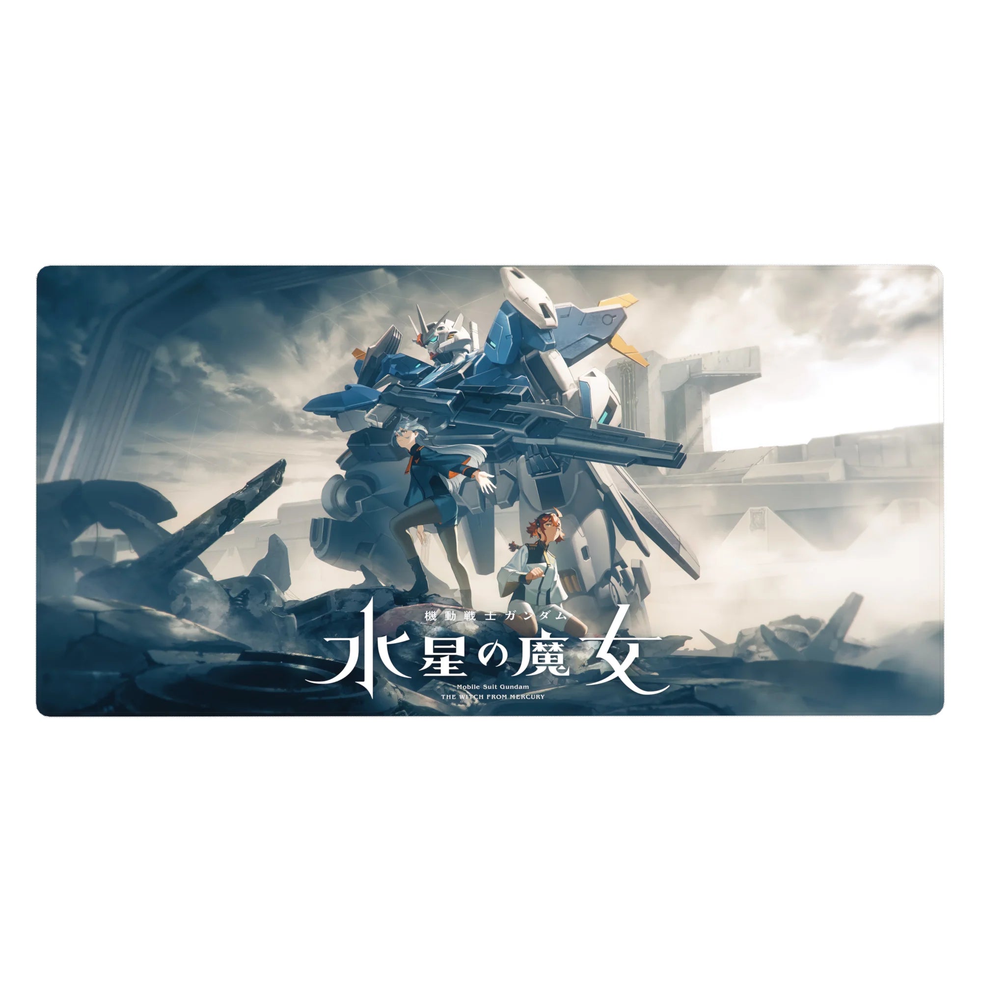 40x20 inches anime desk pad with Gundam Aerial towering over Suletta and Miorine, crisp white armor lines.