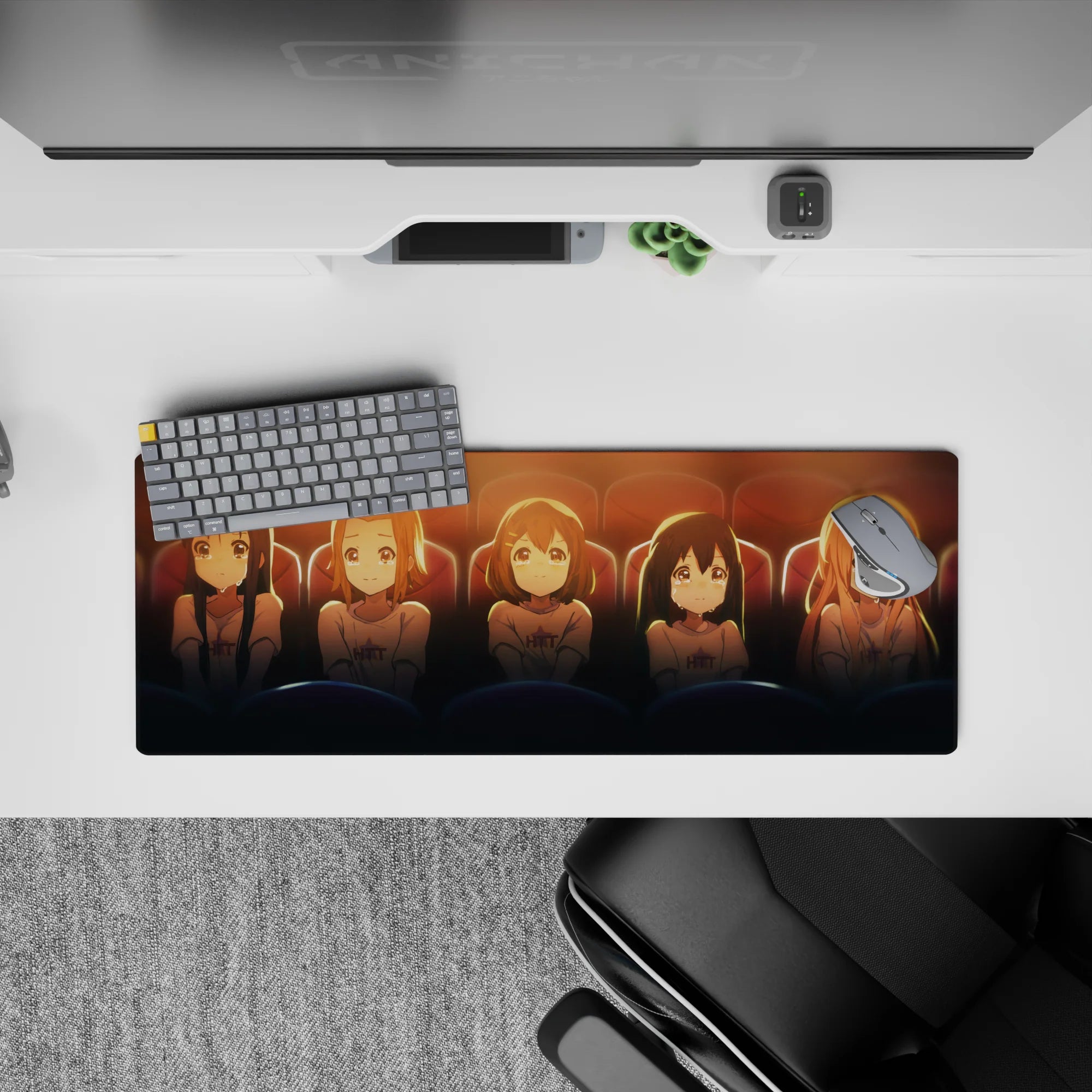 Warm amber and cocoa anime girl mouse pad 32x12 inches, soft sunset glow with deep seat-blue accents.