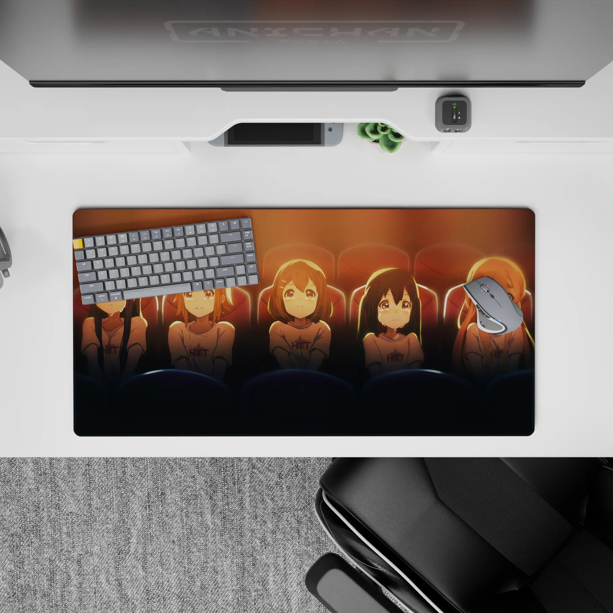 32x16 inches anime girl mouse pad in warm amber and cocoa tones with deep seat-blue, cozy movie mood.