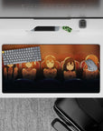 32x16 inches anime girl mouse pad in warm amber and cocoa tones with deep seat-blue, cozy movie mood.
