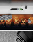 Warm amber and cocoa anime girl desk pad 36x16 inches, soft sunset glow and cozy movie-night mood.