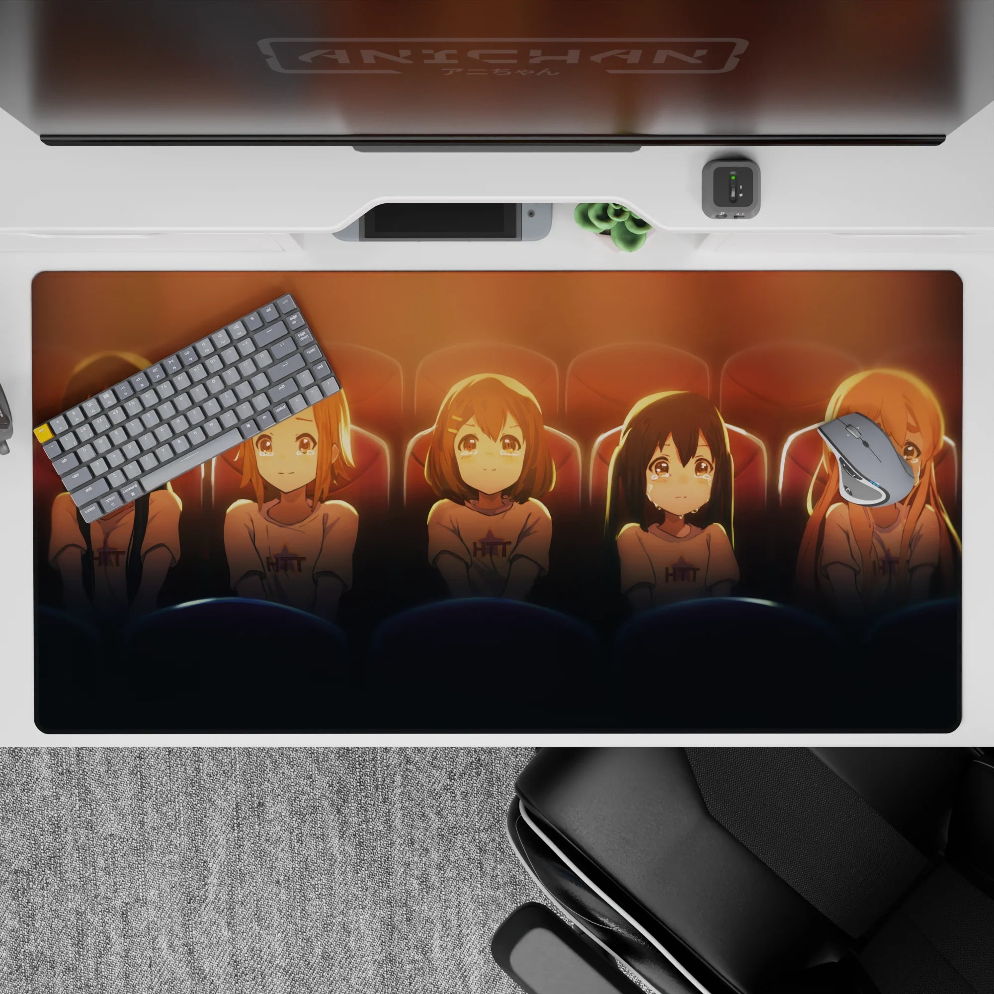 Cozy amber and cocoa anime desk pad 40x20 inches with deep seat-blue accents and soft rim glow.