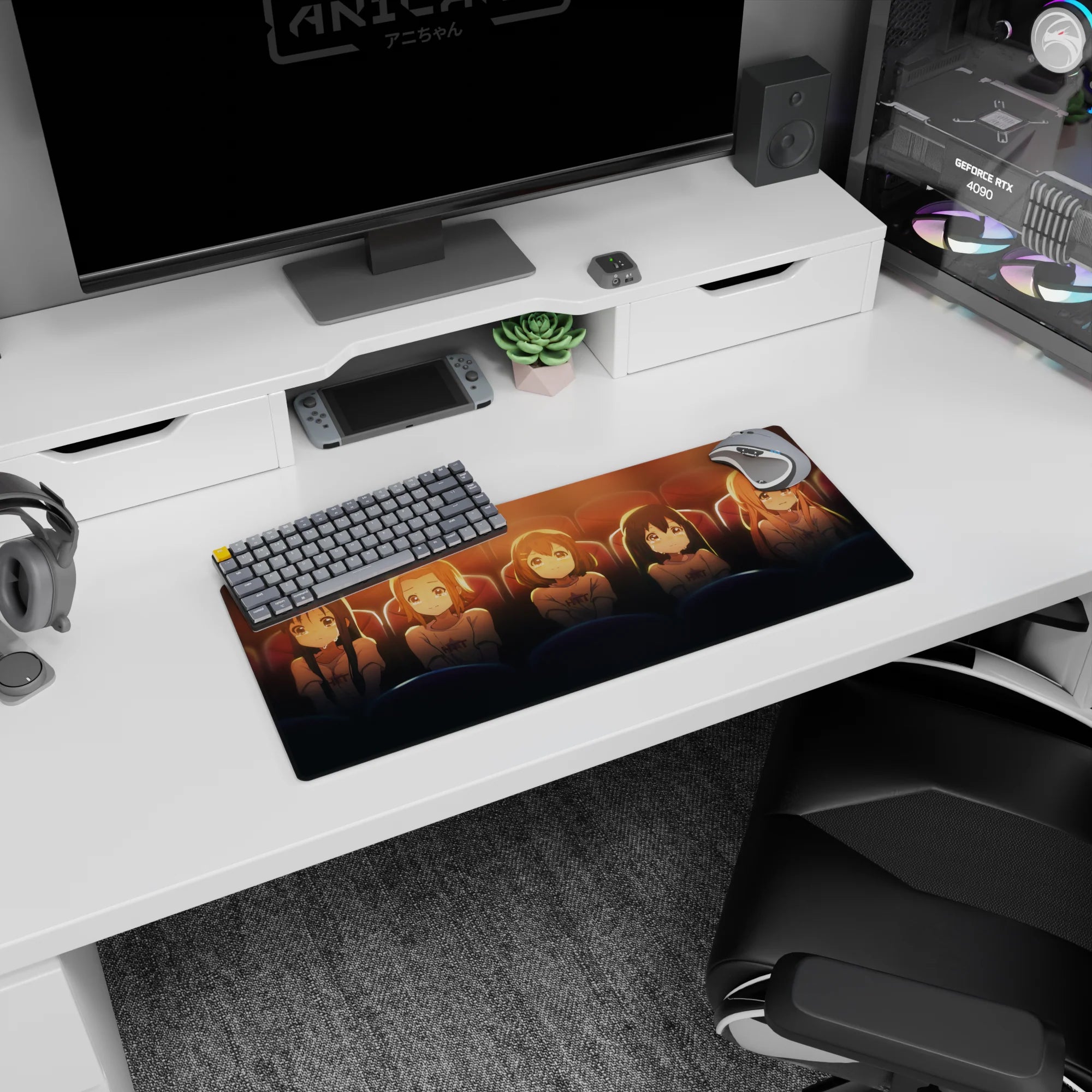 Five teary-eyed anime girls in matching shirts at the theater on a 28x12 inches mouse pad.