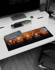 Five sparkly-eyed anime girls huddled in a movie theater pose on a 32x12 inches mouse pad.