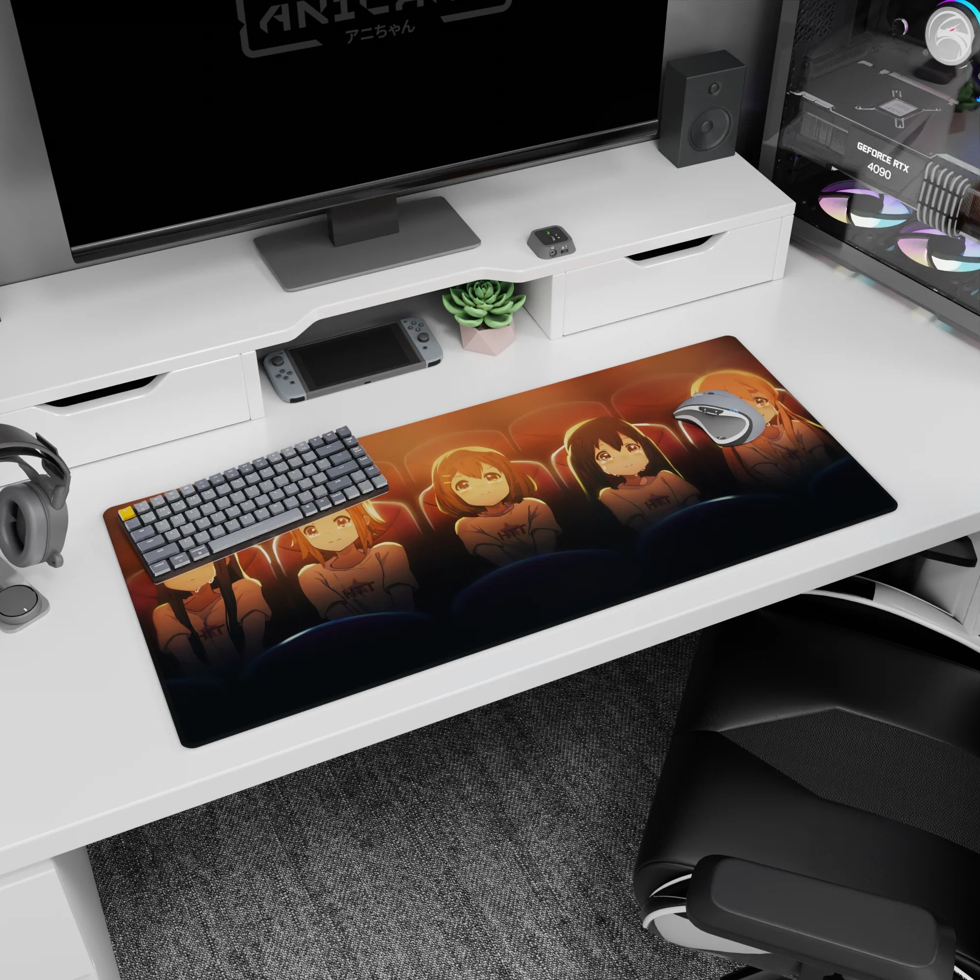 Cinema scene anime girl desk pad 36x16 inches featuring five sparkly-eyed girls with trembling smiles.