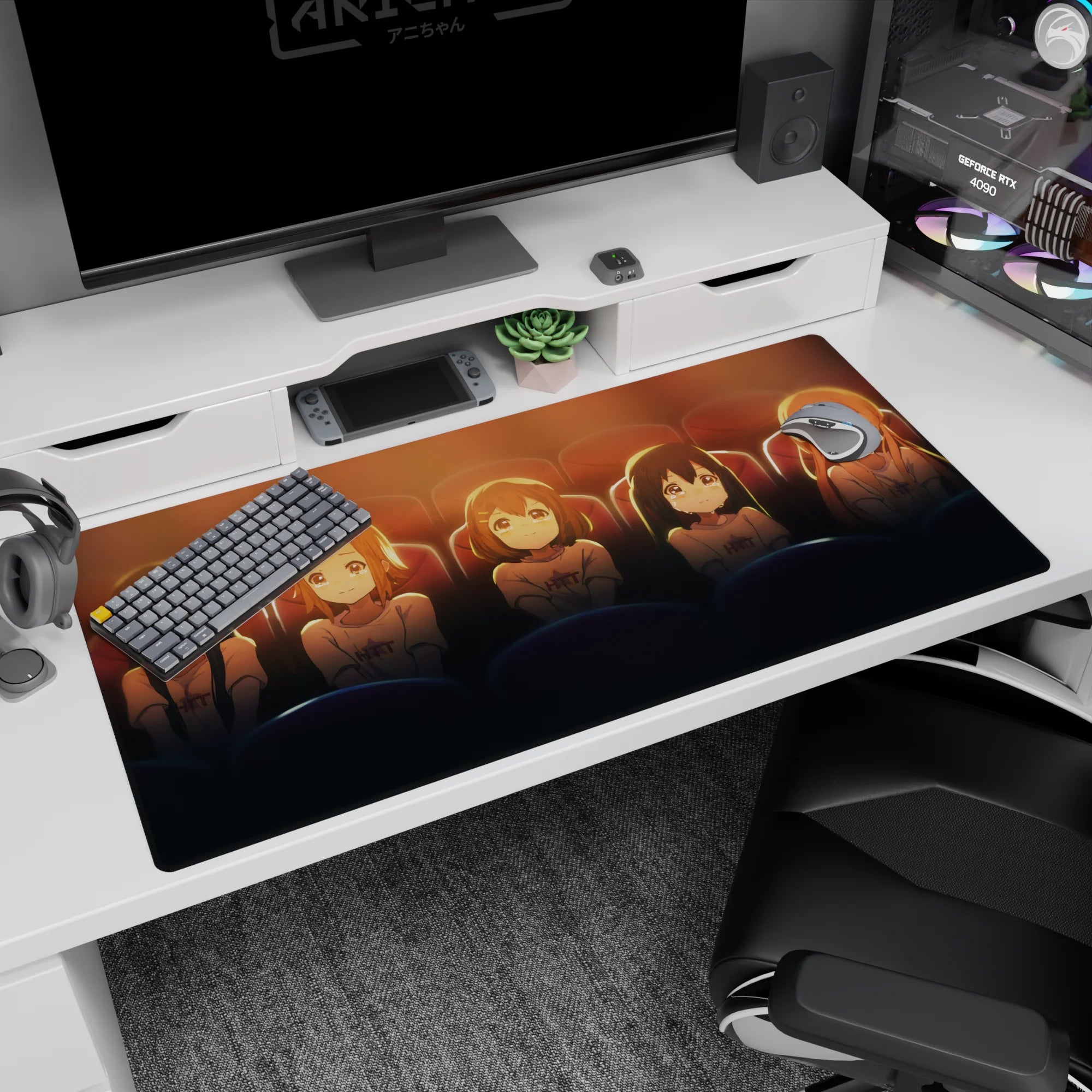 Five sparkly-eyed anime girls in a movie theater scene desk pad 40x20 inches, sweet group vibe.