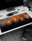 Five sparkly-eyed anime girls in a movie theater scene desk pad 40x20 inches, sweet group vibe.