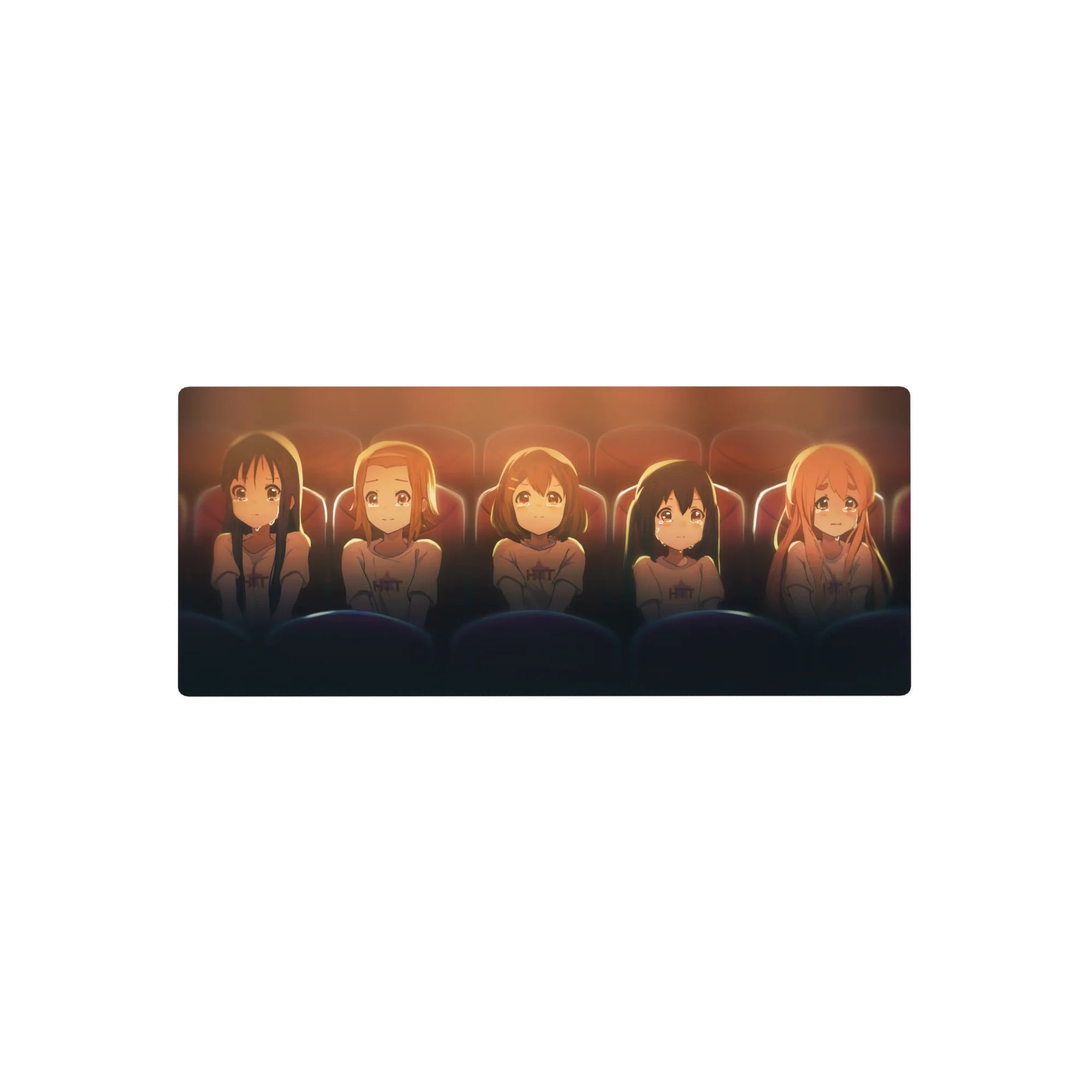 Anime girl mouse pad 28x12 inches with five teary-eyed girls in matching tees under cinema lights.