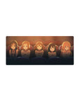 Anime girl mouse pad 28x12 inches with five teary-eyed girls in matching tees under cinema lights.