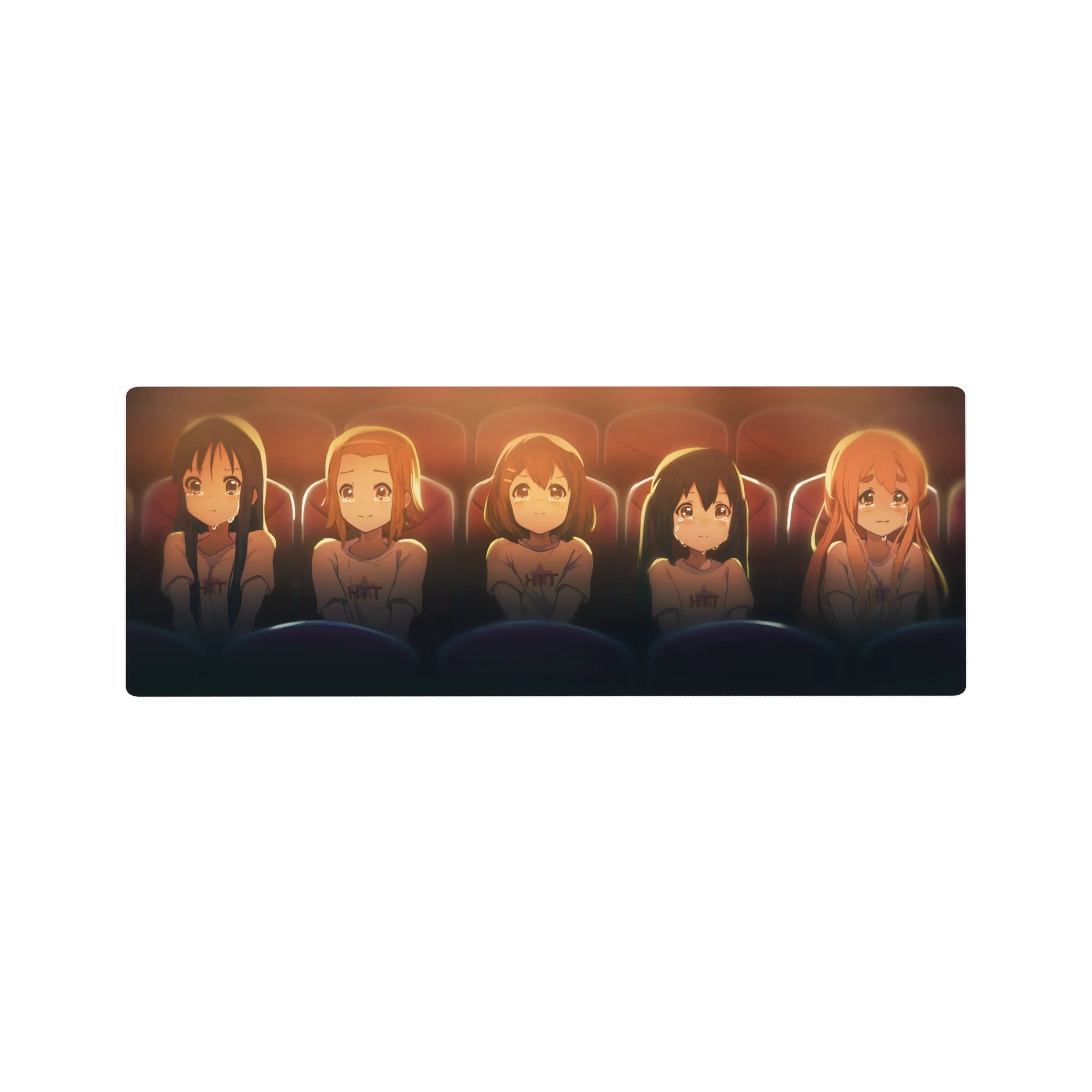 Anime girl mouse pad 32x12 inches with five teary-eyed girls in matching tees under cinema lights.