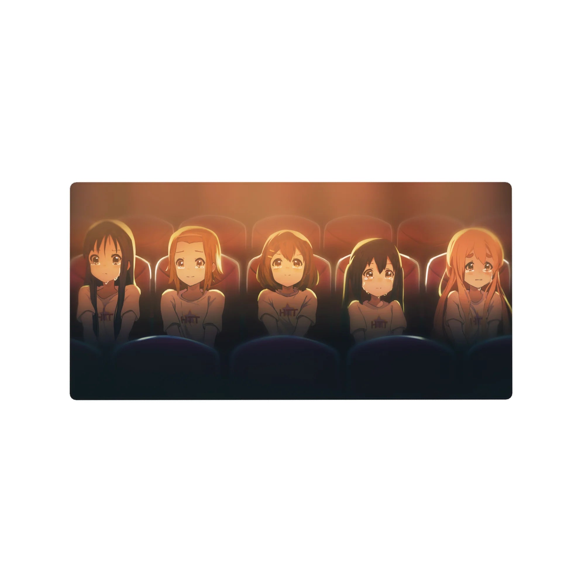 32x16 inches anime girl mouse pad with five teary-eyed girls in matching tees under cinema lights.