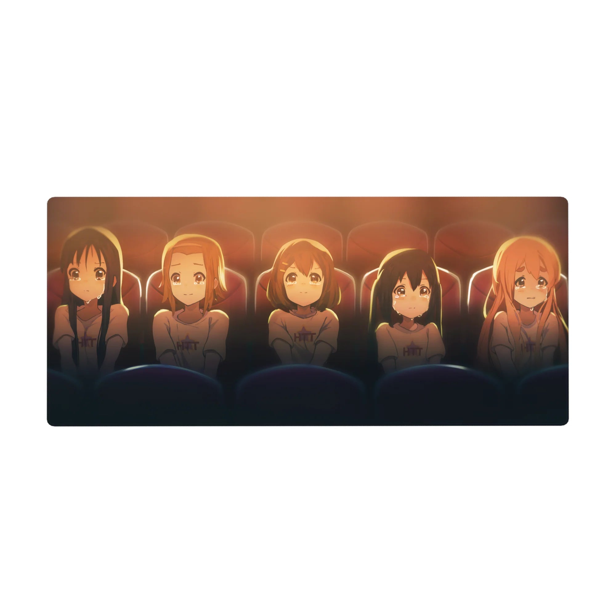 Anime girl desk pad 36x16 inches with five teary-eyed girls in matching tees under cinema lights.