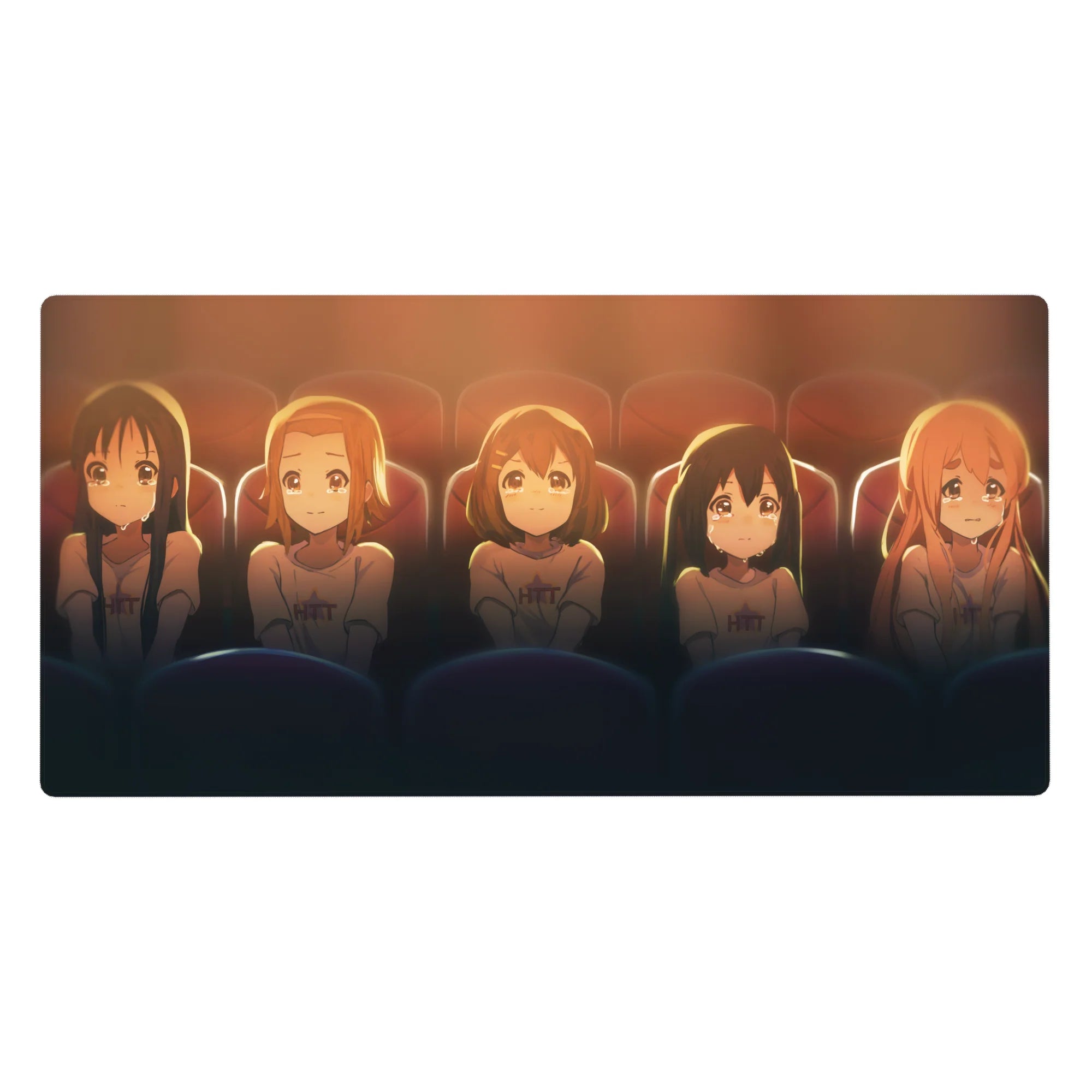 Anime girl desk pad 40x20 inches with five teary-eyed girls in matching tees under cinema lights.