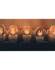 Anime girl desk pad 40x20 inches with five teary-eyed girls in matching tees under cinema lights.