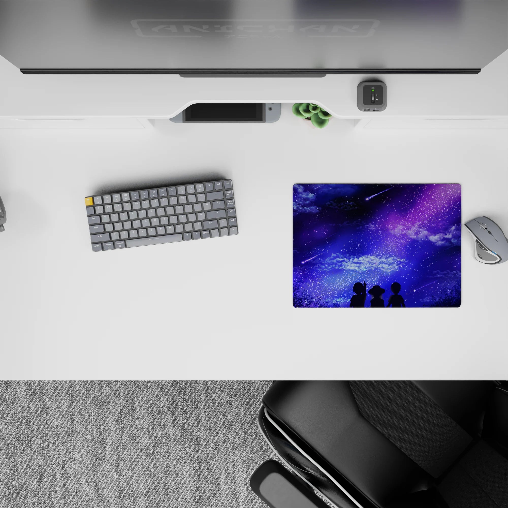 Anime mouse pad 14x10 inches featuring silhouettes under a starry galaxy with dreamy skies, purples, and deep blues.