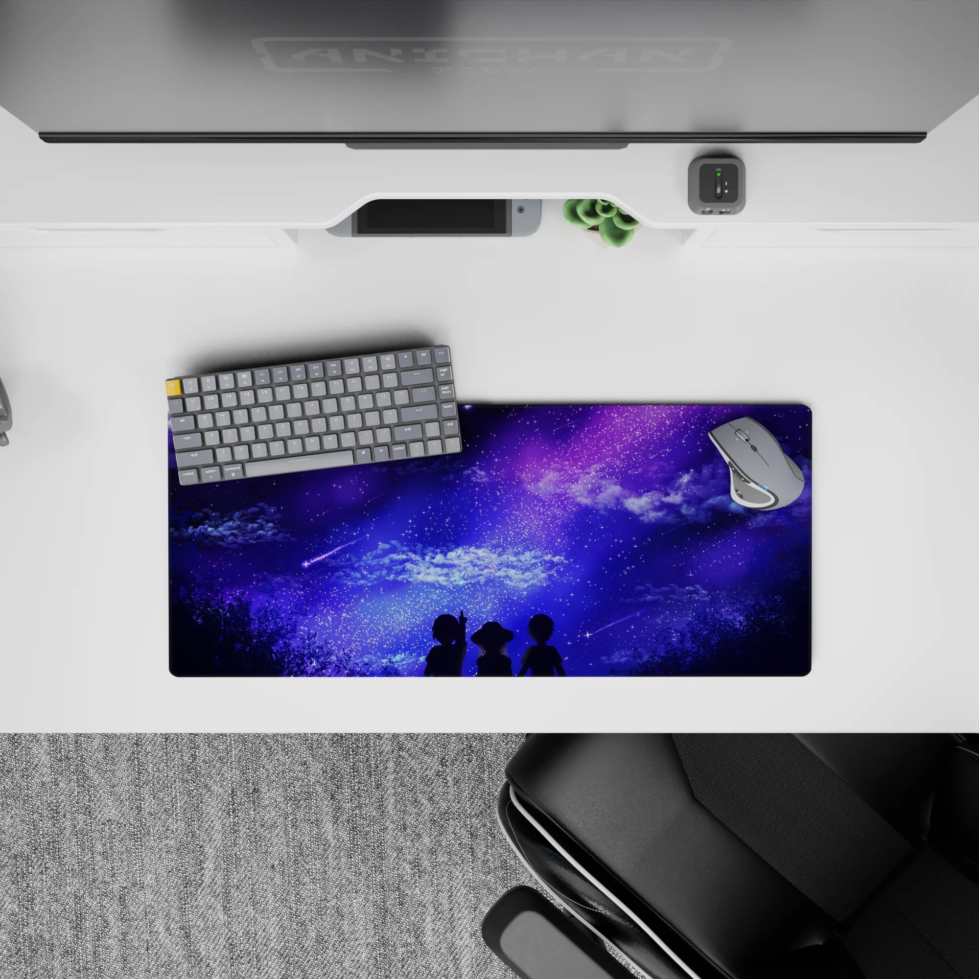 Anime mouse pad 28x12 inches featuring dreamy skies, shooting stars, and galaxy hues, perfect for night owl dreamers.