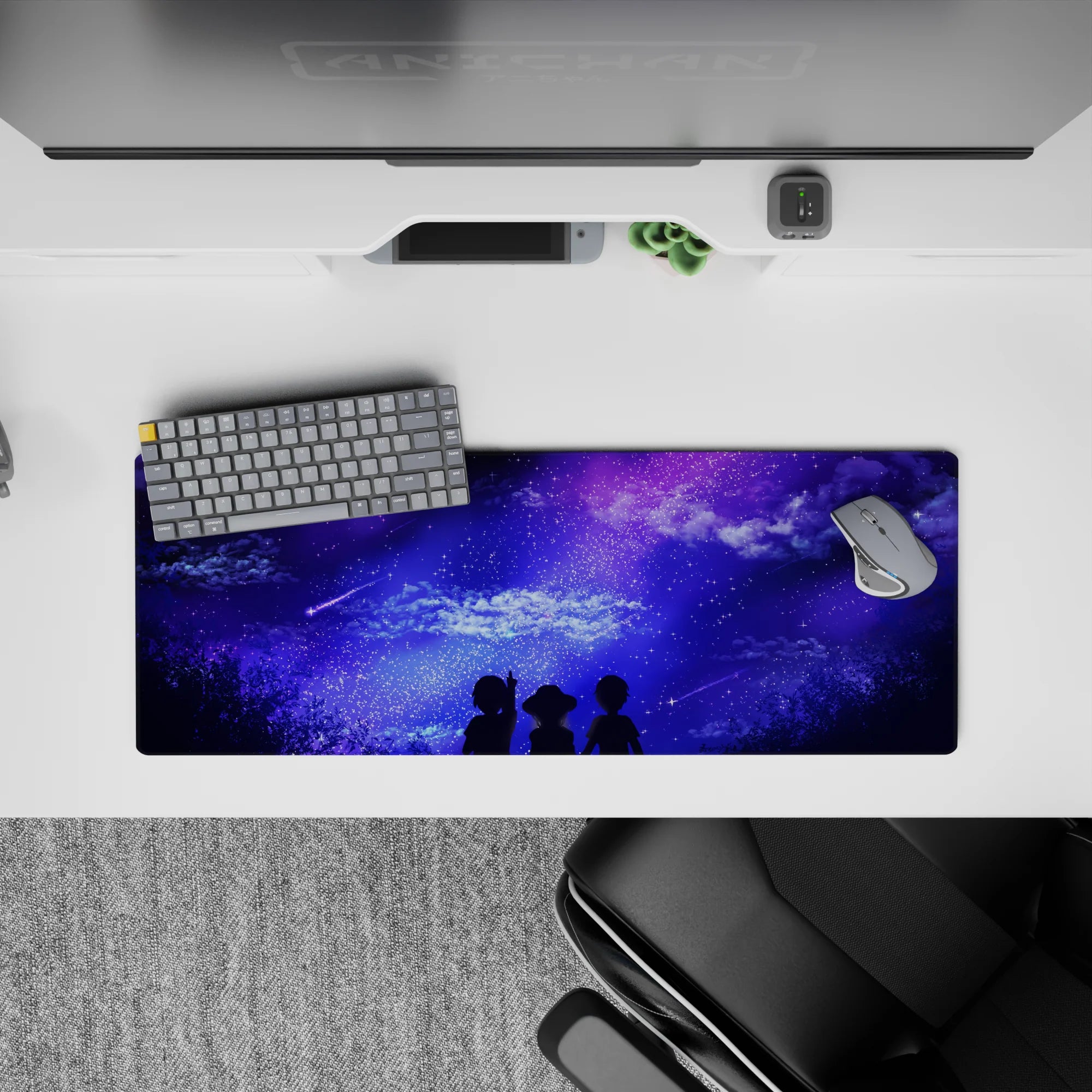 Anime mouse pad 32x12 inches with dreamy skies, shooting stars, and silhouettes in purple and blue galaxy scene.