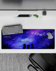 Anime mouse pad 32x12 inches with dreamy skies, shooting stars, and silhouettes in purple and blue galaxy scene.