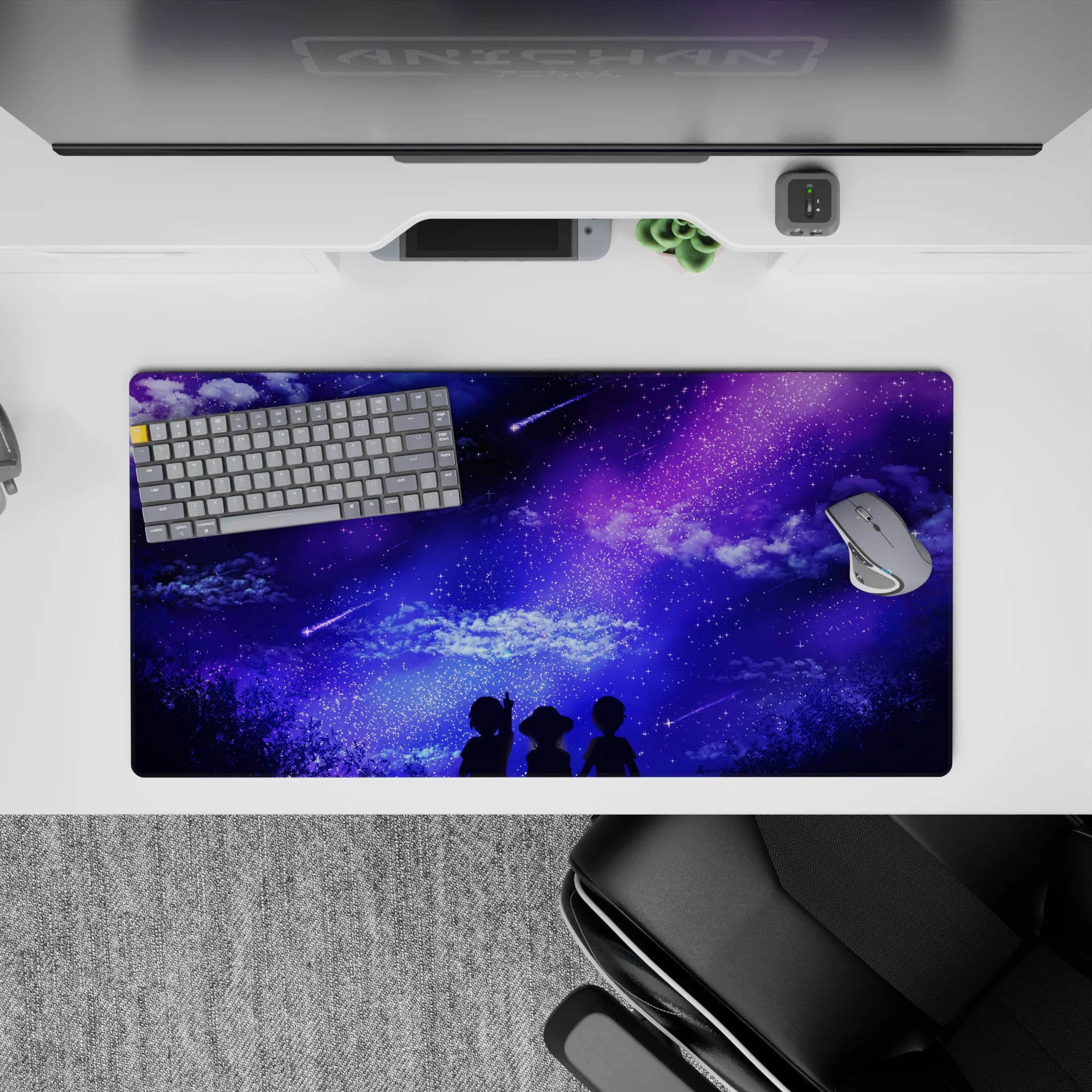 Anime mouse pad 32x16 inches with dreamy skies, shooting stars, and three silhouettes under a galaxy of purples and blues.